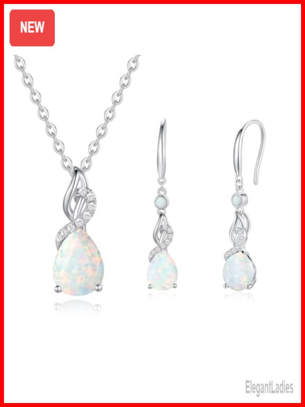 14k White Gold Opal Teardrop Necklace Diamond Pendant Fine Jewelry Gift